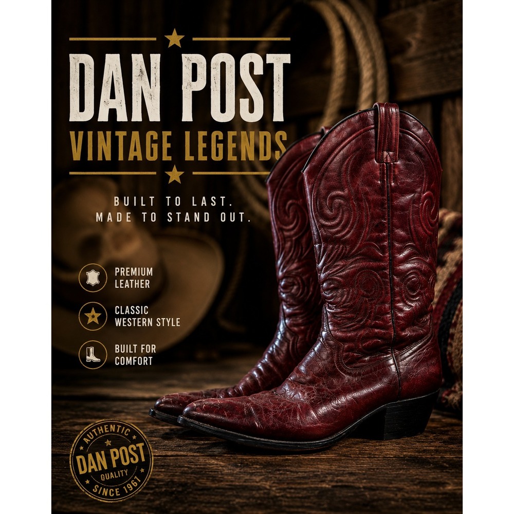 Vintage Dan Post Burgundy Oxblood Leather Western Cowboy Boots Mens 9.5 D‎ USA